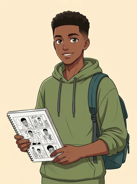 Fan avec carnet de manga dessiné à la main